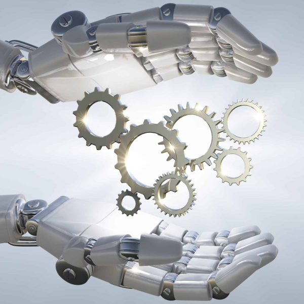 3D rendering robot hand holding metal 3D mechanical gear in light overlay background.